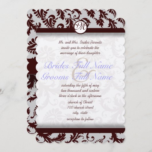 Deep Chocolate Brown Damask Wedding Invitation Kaart (Voorkant / Achterkant)