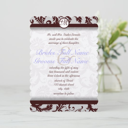 Deep Chocolate Brown Damask Wedding Invitation Kaart (Staand voorkant)
