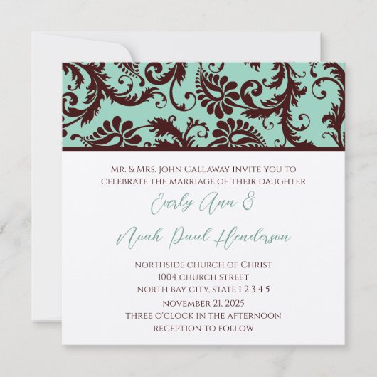 Deep Chocolate Brown Damask Wedding Invitation Kaart (Voorkant)