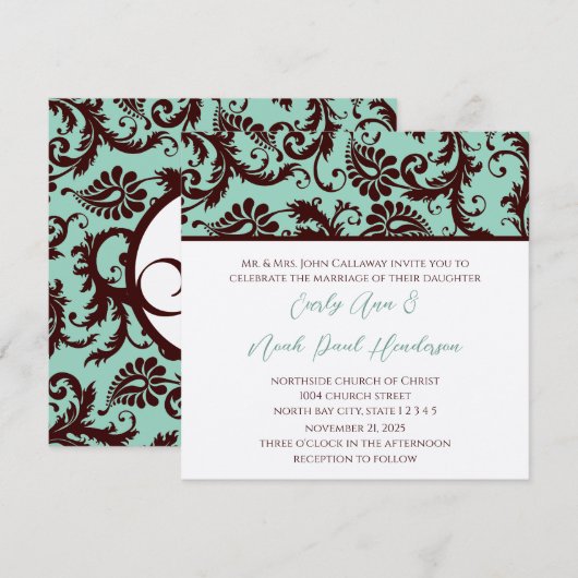 Deep Chocolate Brown Damask Wedding Invitation Kaart (Voorkant / Achterkant)
