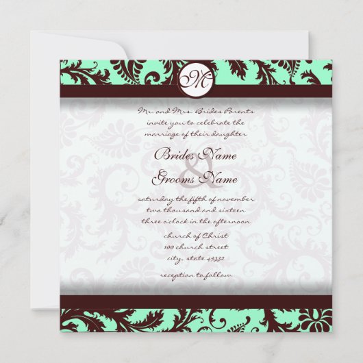 Deep Chocolate Brown Damask Wedding Invitation Kaart (Voorkant)