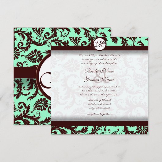 Deep Chocolate Brown Damask Wedding Invitation Kaart (Voorkant / Achterkant)