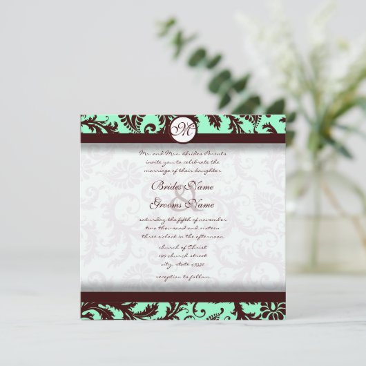 Deep Chocolate Brown Damask Wedding Invitation Kaart (Staand voorkant)