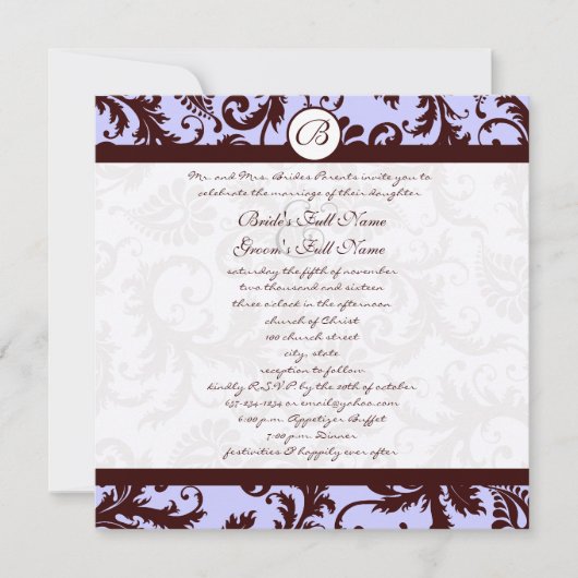Deep Chocolate Brown Damask Wedding Invitation Kaart (Voorkant)