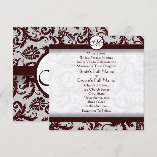 Deep Chocolate Brown Damask Wedding Invitation Kaart (Voorkant / Achterkant)
