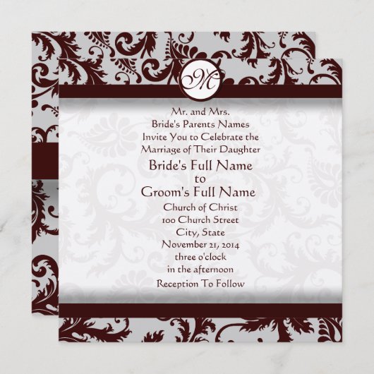 Deep Chocolate Brown Damask Wedding Invitation Kaart (Voorkant / Achterkant)