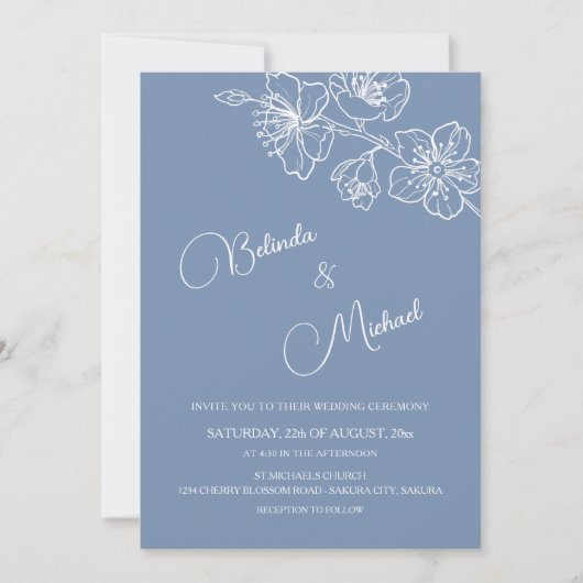 Deep Dusty Blue White Floral | Photo Wedding Kaart (Voorkant)