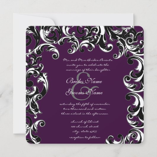 Deep EggPlant & Black Elegant Wedding Invitation Kaart (Voorkant)