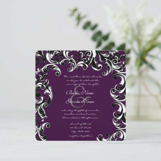 Deep EggPlant & Black Elegant Wedding Invitation Kaart (Staand voorkant)