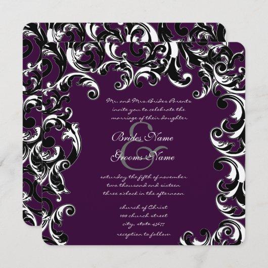Deep EggPlant & Black Elegant Wedding Invitation Kaart (Voorkant / Achterkant)