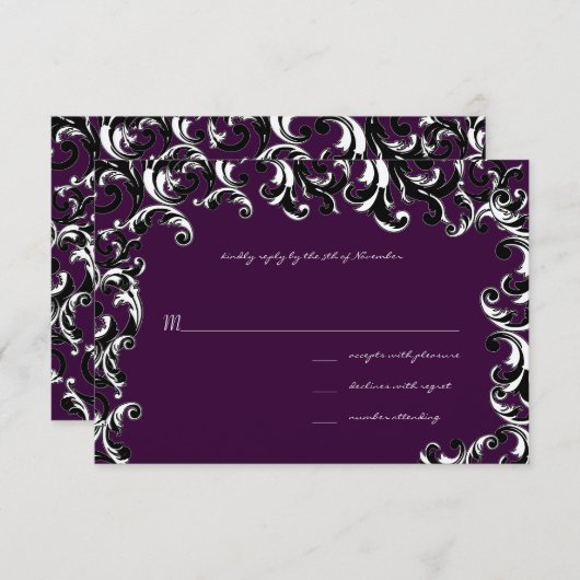 Deep EggPlant Square Swirl Wedding RSVP (Voorkant / Achterkant)