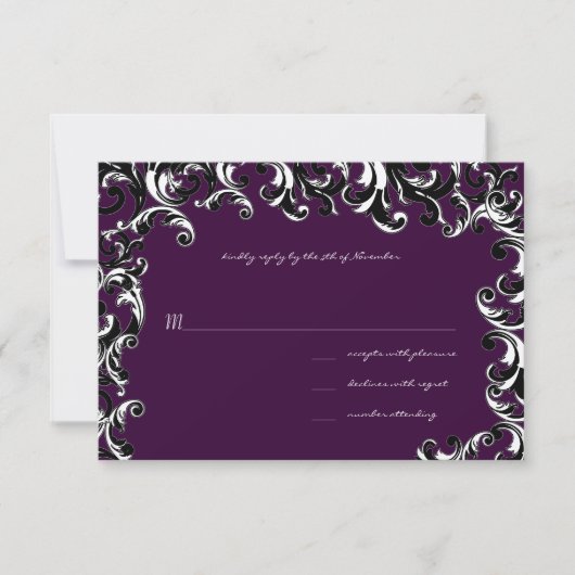 Deep EggPlant Square Swirl Wedding RSVP Kaartje (Voorkant)