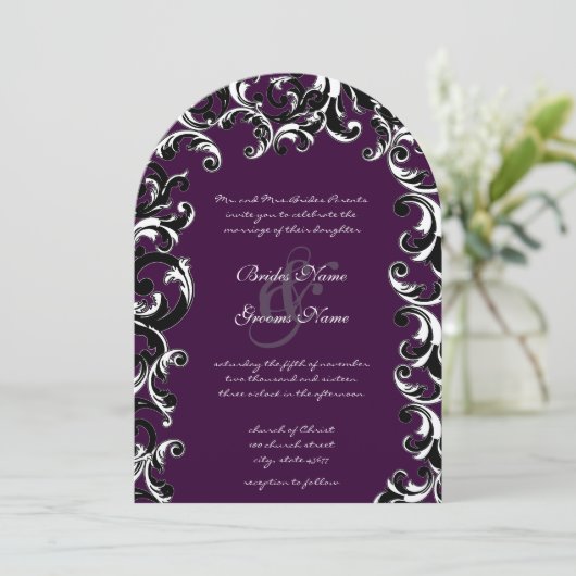 Deep Eggplant Swirl Wedding Kaart (Staand voorkant)