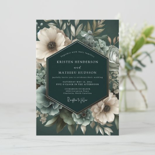Deep Emerald Floral Bloom Wedding Kaart (Staand voorkant)