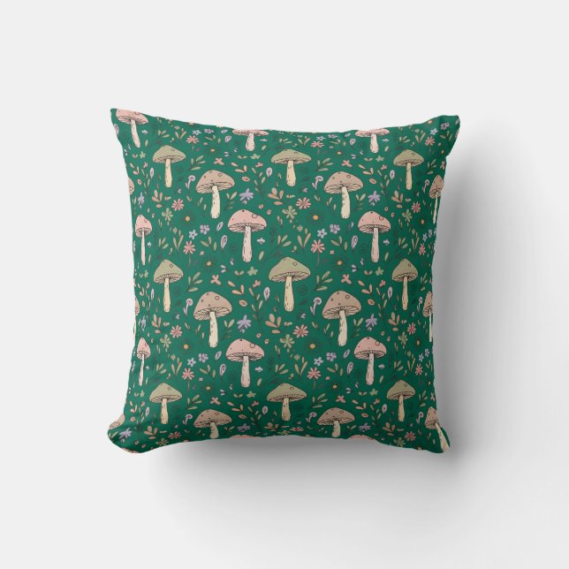 Deep Emerald Fungi Seamless Pattern Jewel Tone Kussen (Voorkant)