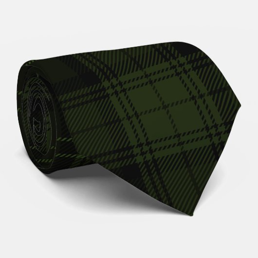 Deep Forest Green, Black en Charcoal Tartan Stropdas (Opgerold)