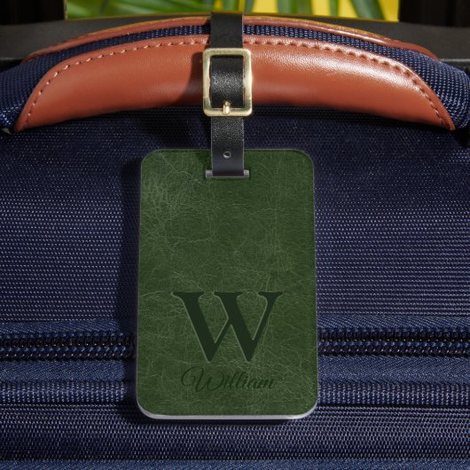 Deep Forest Green Koe Leather Texture Monogramed Bagagelabel (Voorkant Insitu 2)