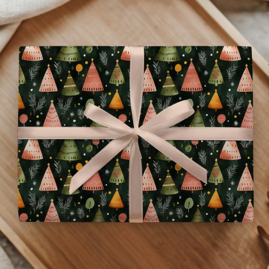 Deep Forest Green Nordic Christmas Tree Pattern Cadeaupapier
