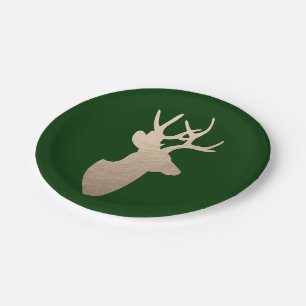Deep Forest Groene en Gouden Herten Silhouet Papieren Bordje