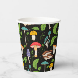Deep Forest Magic: Colorful Mushrooms on Black Papieren Bekers