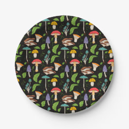 Deep Forest Magic: Colorful Mushrooms on Black Papieren Bordje