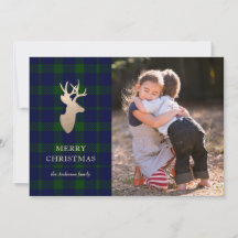 Deep Forest Plaid Gouden Herten Kerstmis Fotokaart