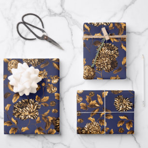 Deep Gold Dahlias Floral vine op Navy Blue Ombre Inpakpapier Vel