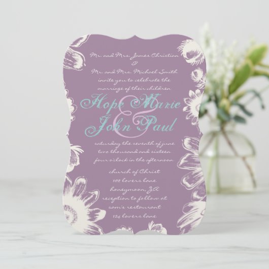 Deep Grape & Aqua Flower Wedding Invitation Kaart (Staand voorkant)