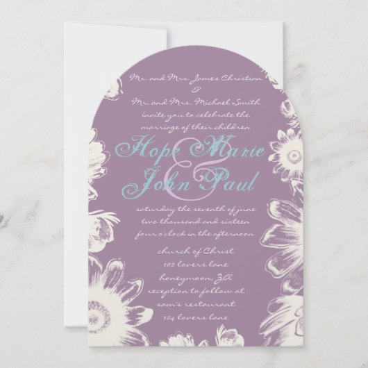 Deep Grape & Aqua Flower Wedding Invitation Kaart (Voorkant)