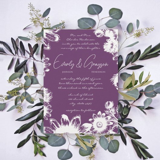 Deep Grape & Lila Flower Wedding Invitation Kaart