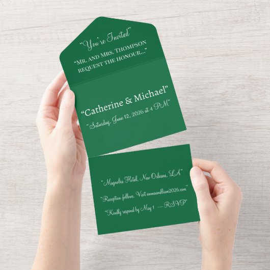 Deep Green All In One Wedding Invitation – Modern Uitnodiging (Afscheurbaar)
