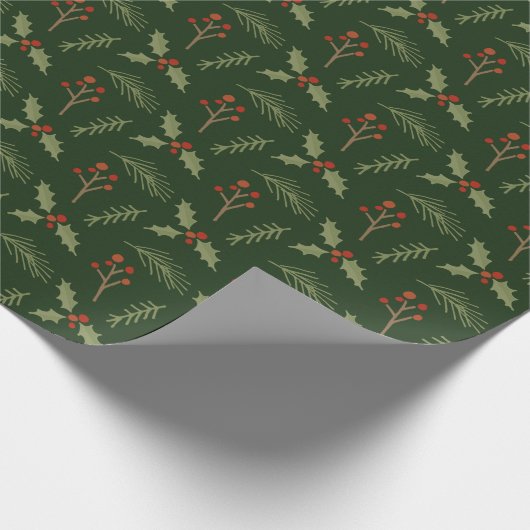 Deep Green Botanical Berries Gift Wrap Cadeaupapier (Hoek)