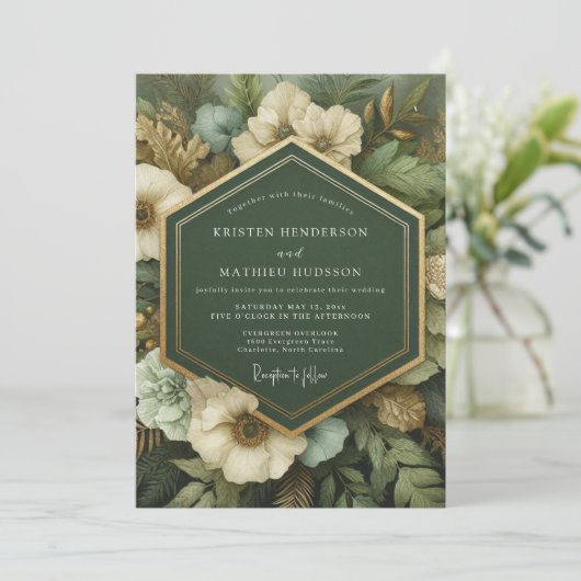 Deep Green Botanical Opulence Wedding Kaart (Staand voorkant)