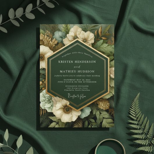 Deep Green Botanical Opulence Wedding Kaart