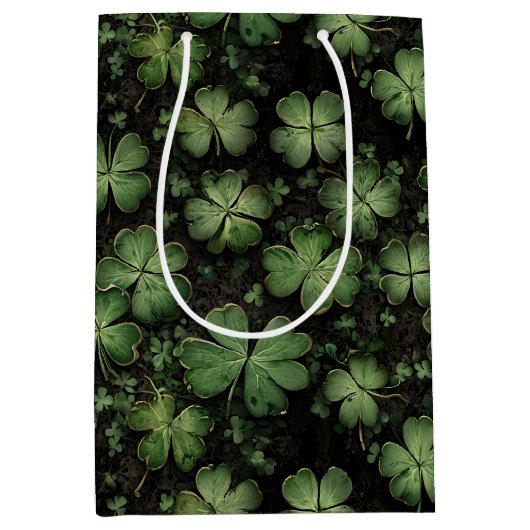 Deep Green Clover and Shamrock Pattern Medium Cadeauzakje (Voorkant)