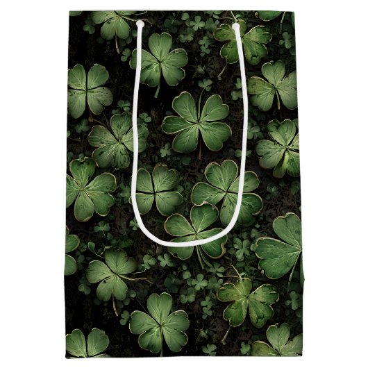 Deep Green Clover and Shamrock Pattern Medium Cadeauzakje (Achterkant)