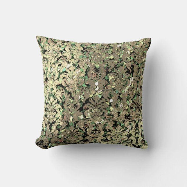 Deep Green Damask Roze Blush Sequin Faux Gold Kussen (Voorkant)