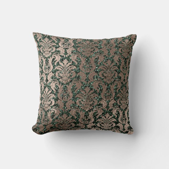 Deep Green Damask Skinny Glitter Metal Beige Kussen (Voorkant)