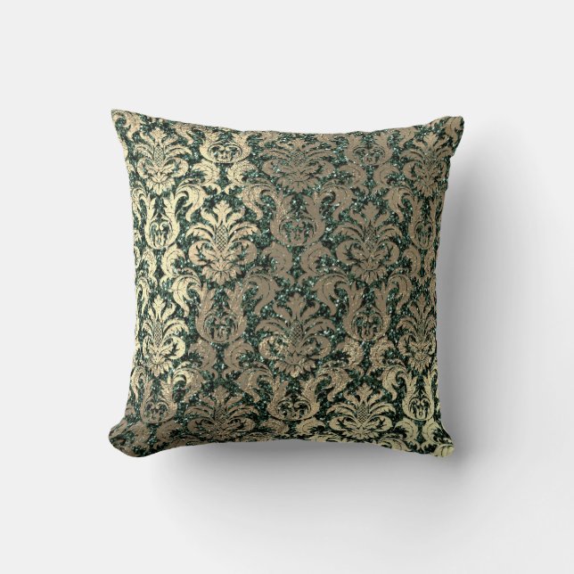Deep Green Damask Skinny Glitter Metal Gold Kussen (Voorkant)