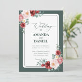 Deep Green en Blush Bloemen Huwelijk Kaart (Staand voorkant)