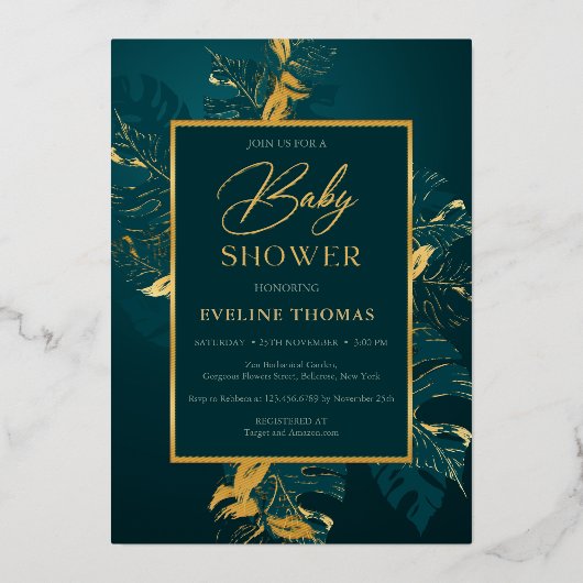 Deep green en real gold folie baby shower uitnodiging (Voorkant)