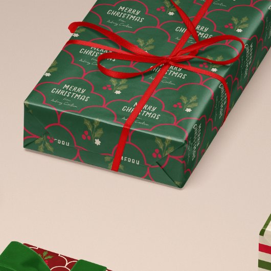 Deep Green en Red Scallop Tegel Christmas Springs Cadeaupapier