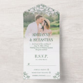 Deep Green Floral Line Art Photo Wedding All In One Uitnodiging (Binnen)