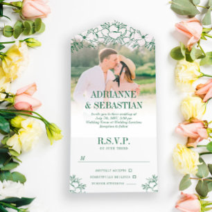 Deep Green Floral Line Art Photo Wedding All In One Uitnodiging
