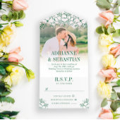 Deep Green Floral Line Art Photo Wedding All In One Uitnodiging