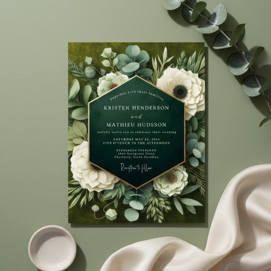 Deep Green Floral Opulence Wedding Kaart