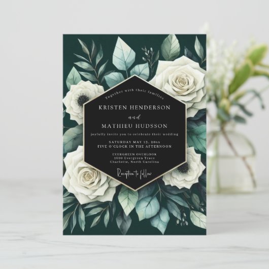Deep Green Floral Romance Wedding Kaart (Staand voorkant)