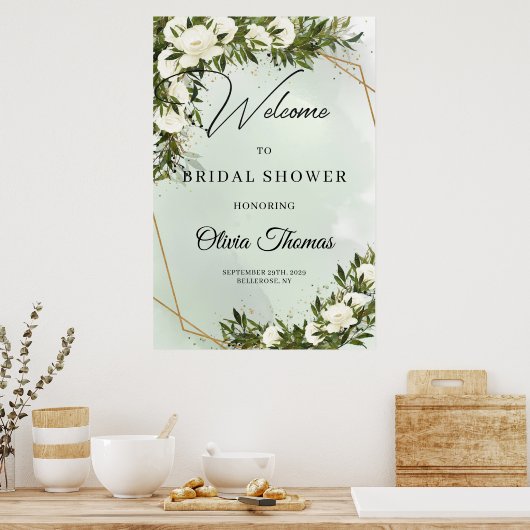 Deep green foliing white roses gold vrijgezellenfe poster (Keuken)