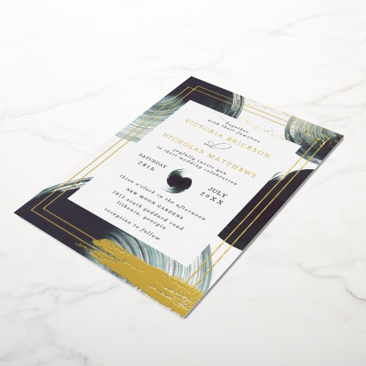 Deep Green Gold Abstract Boho Wedding Invitation Folie Uitnodiging (Gedraaid)