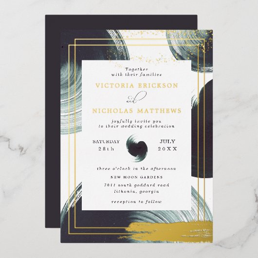 Deep Green Gold Abstract Boho Wedding Invitation Folie Uitnodiging (Voorkant / Achterkant)